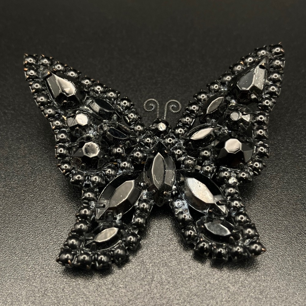 Vintage Black Weiss Butterfly Brooch Figural Black Rhinestone Japanned 1950s